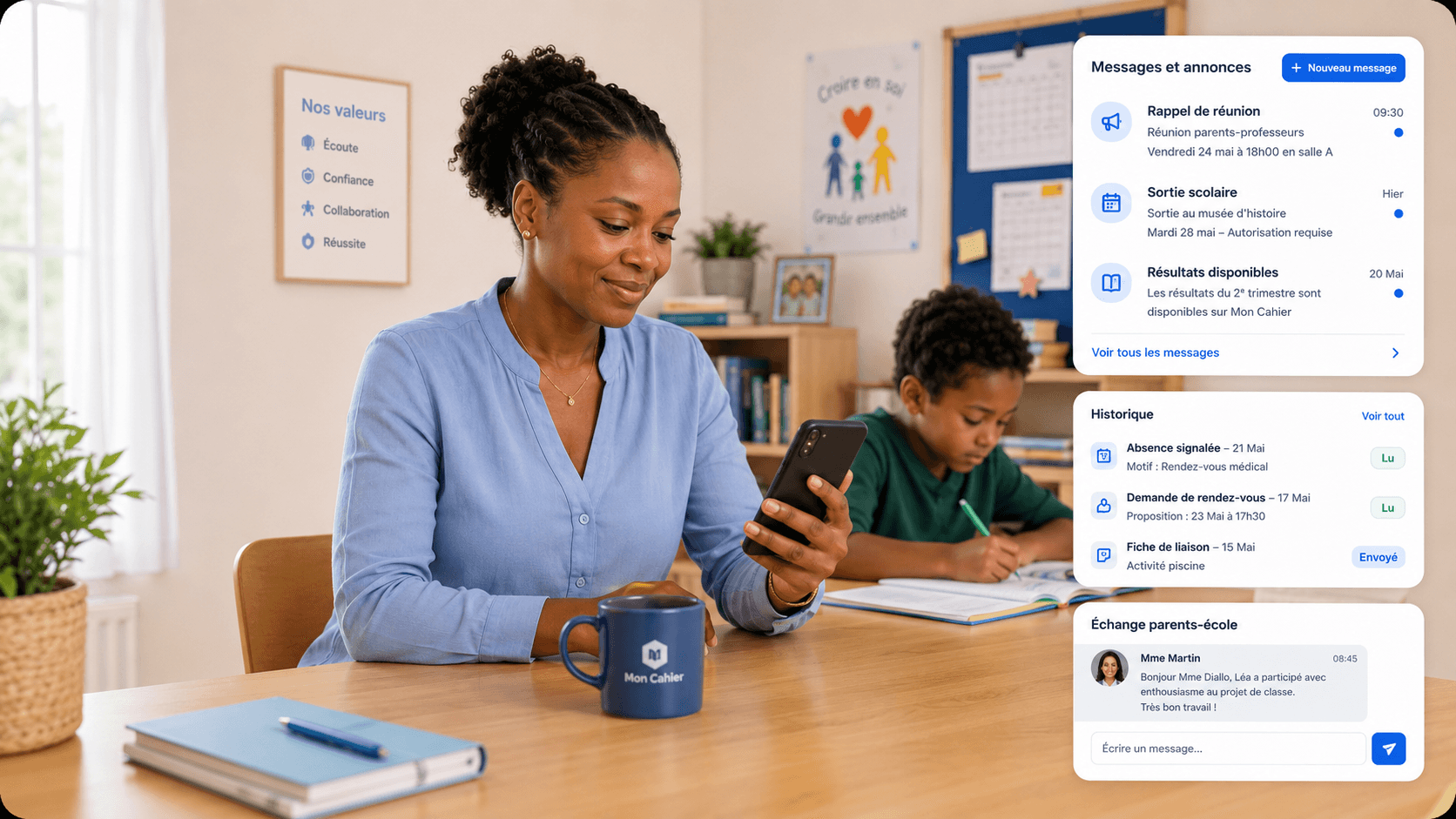 Communication parents école Mon Cahier avec messages et notifications