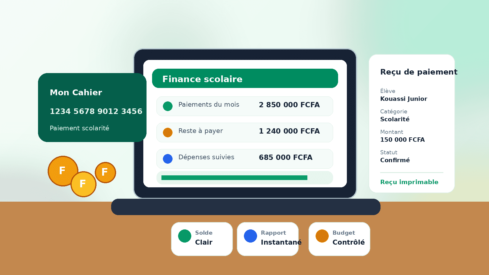 Finance scolaire Mon Cahier avec paiements, reçus et suivi des frais